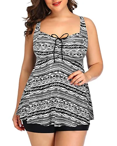 Maternity women swimwear for expecting mothers to enjoy the water comfortablyCut Out Back Tankini Swimsuits Plus Size Flowy Swimwear For Women Shorts-Black Tribal