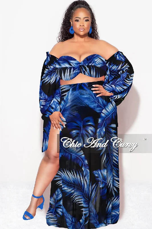 Metallic women swimwear with a shiny finish for a glamorous poolside lookFinal Sale Plus Size 3pc Playsuit Set in Royal Blue Tropical Palm Print