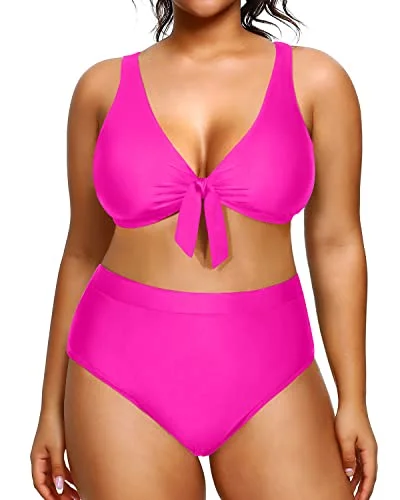 Plus - size women swimwear with full - coverage bottoms for comfort and confidencePlus Size Tummy Control Swimwear Bikini High Waisted Two Piece-Neon Pink