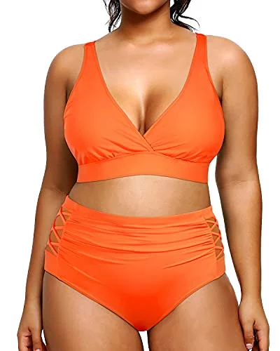 Sustainable women swimwear made from recycled materials for eco - conscious beachgoers2 Piece Plus Size Bikini High Waisted Swimsuits Ruched Bottoms-Neon Orange