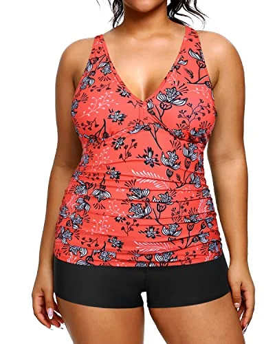 Convertible women swimwear that can be worn in multiple styles for versatilityHigh Waisted Plus Size Swimsuits Shorts Tummy Control Tankini Bathing Suits-Red Floral