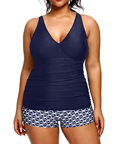 One - piece women swimwear with cut - outs for a stylish and modern appealTwo Piece Plus Size Tankini Swimwear Shorts Tummy Control Bathing Suits-Navy Blue Tribal