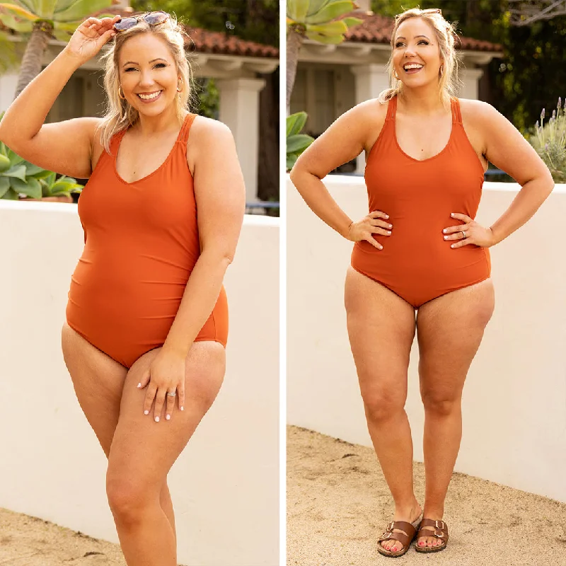 Monokini women swimwear with a unique one - piece - meets - bikini designMeet You At The Lake Swimsuit, Burnt Orange