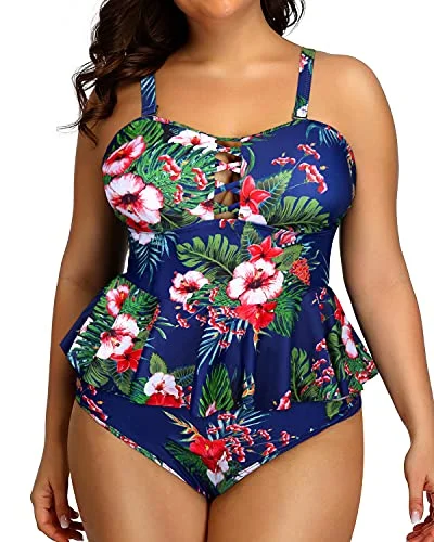 Long - sleeve women swimwear for extra sun protection and modestyCriss Cross Design Plus Size Swimsuits For Women-Blue Floral