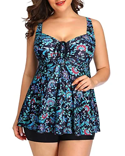 One - piece women swimwear with cut - outs for a stylish and modern appealPush Up Padded Bra Tankini Swimsuits Plus Size Flowy Swimwear For Women-Green And Balck Floral