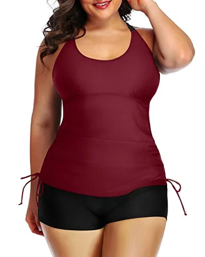 Neon - colored women swimwear to stand out on the beachPushup Bra Tighten Drawstring Plus Size Tankini Swimsuit-Maroon