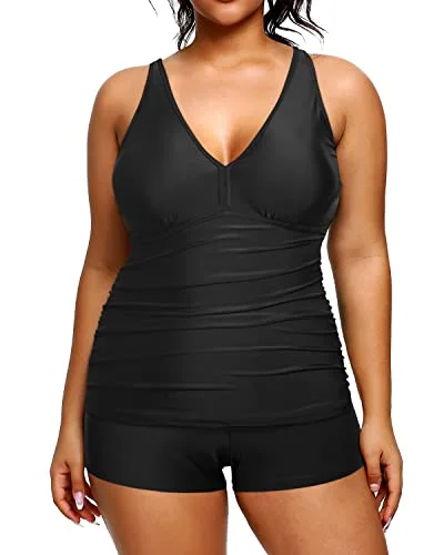 Monokini women swimwear with a unique one - piece - meets - bikini designAthletic Plus Size Tankini Shorts Swimsuits For Women-Black