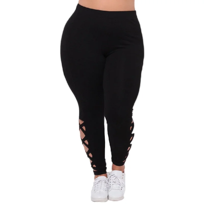 Lace - trimmed women leggings for an elegant and romantic touchSolid Criss Cross Hollow Out Plus Size Leggings