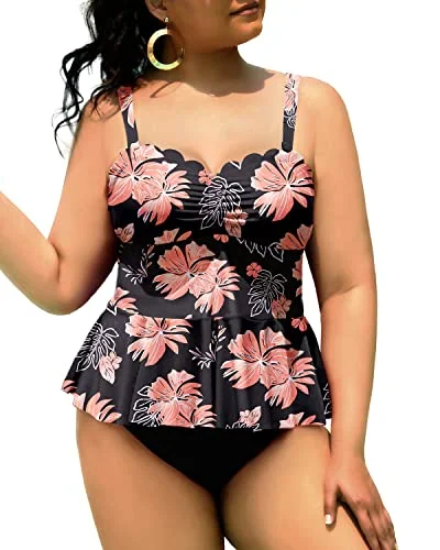 Metallic women swimwear with a shiny finish for a glamorous poolside lookTwo Piece Peplum Swimwear Scalloped Swimsuits For Curvy Girls-Black Orange Floral