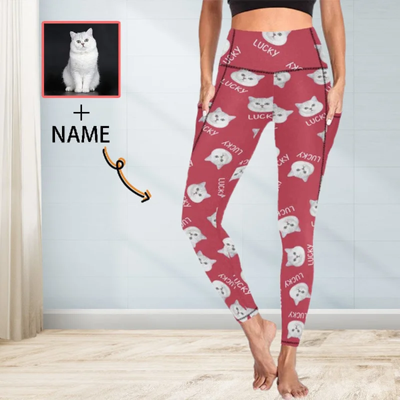 Printed floral women leggings for a feminine and eye - catching lookCustom Face&Name Red Leggings With Pockets