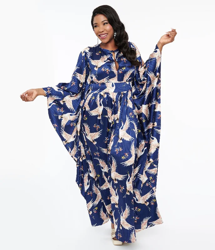 Long - Sleeve Women Dress in Velvet for a Luxurious Winter LookUnique Vintage Plus Size 1960s Navy Crane Flutter Sleeve Caftan