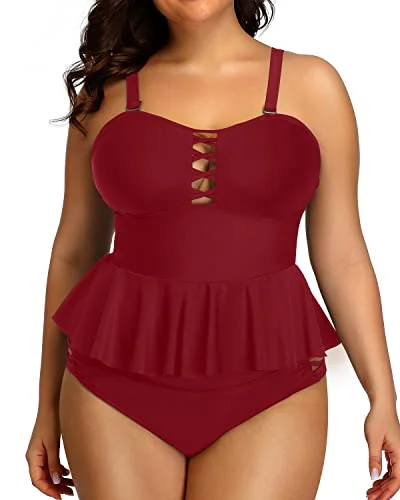 Tropical - print women swimwear for a vacation - ready beach stylePlus Size Peplum Tankinis Tummy Control And High Waisted Bikini Bottoms-Maroon