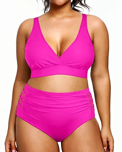 Push - up women swimwear to enhance the bust for a more confident beach lookV Neck Plus Size Bikini Two Piece Bathing Suits Slimming Swimwear-Neon Pink