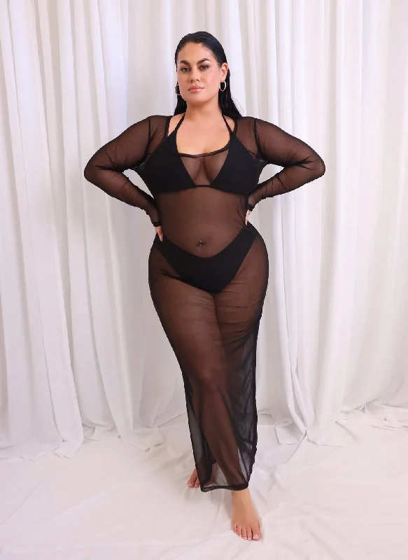 Plus - size women swimwear with full - coverage bottoms for comfort and confidenceJade Sheer Mesh Maxi Bodycon Dress - Black