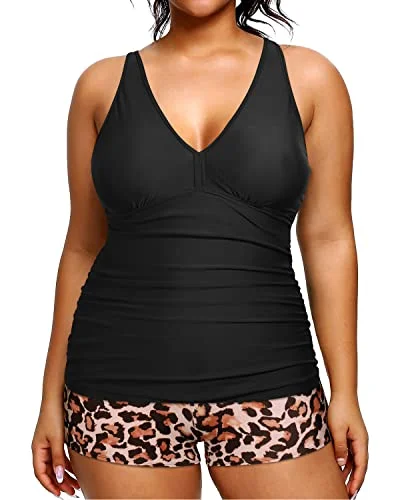 Rash - guard women swimwear for sun protection during water sportsWomen's Plus Size Athletic Swimwear Shorts 2 Piece Bathing Suit-Black And Leopard