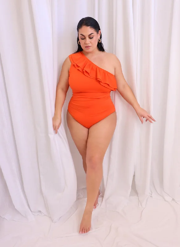 One - piece women swimwear with cut - outs for a stylish and modern appealCatalina Ruffle One Shoulder Swimsuit - Persimmon