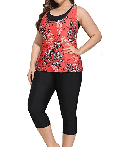 Long - sleeve women swimwear for extra sun protection and modestyAthletic Bathing Suits For Women Plus Size Tankini Tops And Swim Capris-Red Floral