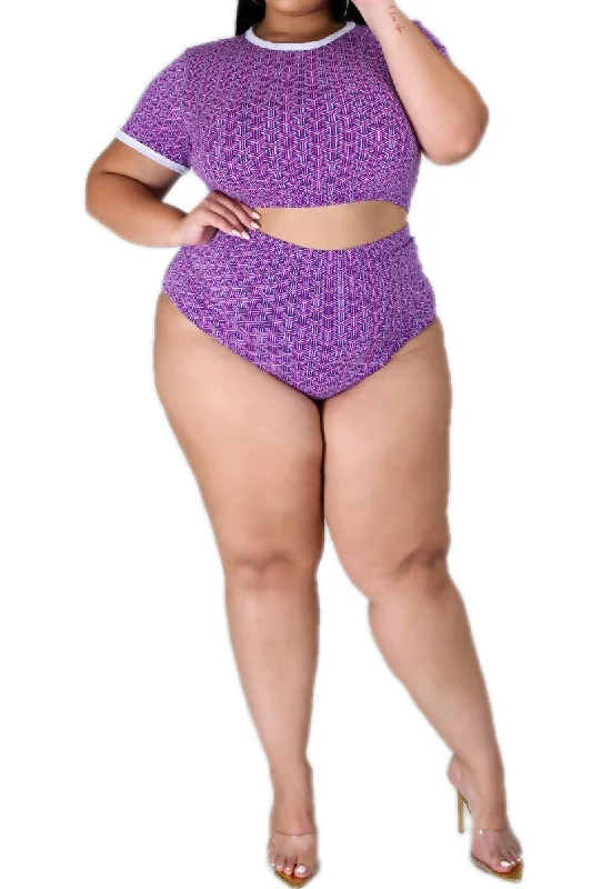 Bikini women swimwear with adjustable straps for a customized fitFinal Sale Plus Size 2-Piece Poolside Playsuit (Top & Bottom) in Purple Puzzle Print