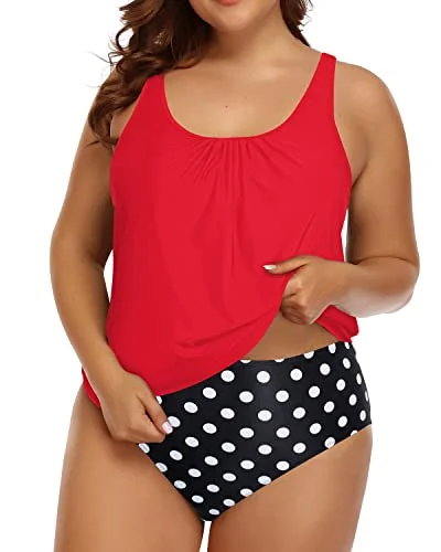 Plus - size women swimwear with full - coverage bottoms for comfort and confidenceWomen's Tummy Control Bathing Suit Blouson Tankini Swimsuit-Red Dot