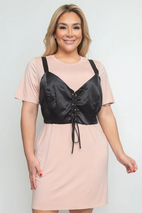 Ruffled Women Dress with Multiple Layers for a Playful and Girly StylePlus Size Midi T-Shirt Dress with Faux Bustier Grommet and Lace Top (114521)