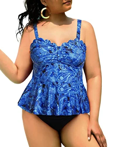 Striped women swimwear with a classic pattern for a timeless beach look2 Piece Ruffle Hem Plus Size Tankini Swimsuits Tummy Control Bathing Suits-Blue Tribal