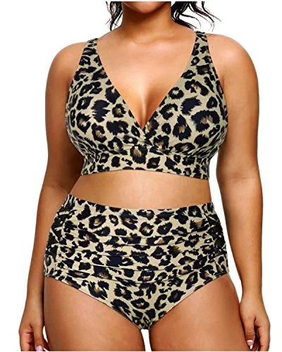 Sports women swimwear for high - intensity water activities like swimming lapsWomen's Plus Size High Waisted Bikini Two Piece Swimsuits-Leopard