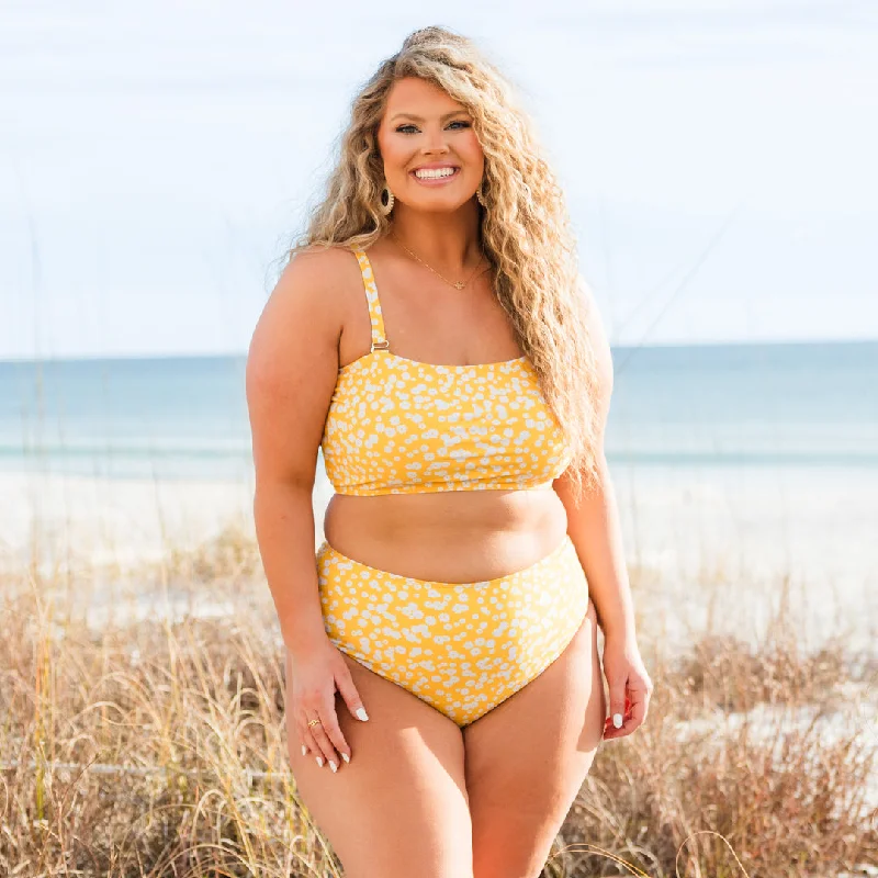 Printed floral women swimwear for a feminine and colorful beach vibeFeeling Fine And Sandy Swim Top, Yellow Floral