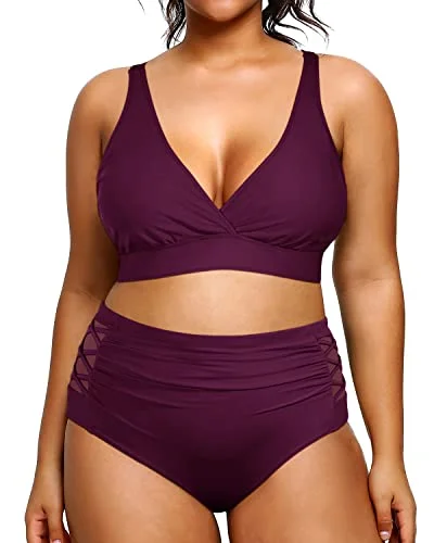 Metallic women swimwear with a shiny finish for a glamorous poolside lookPlus Size Bikini High Waisted Two Piece Bathing Suit Tummy Control-Maroon