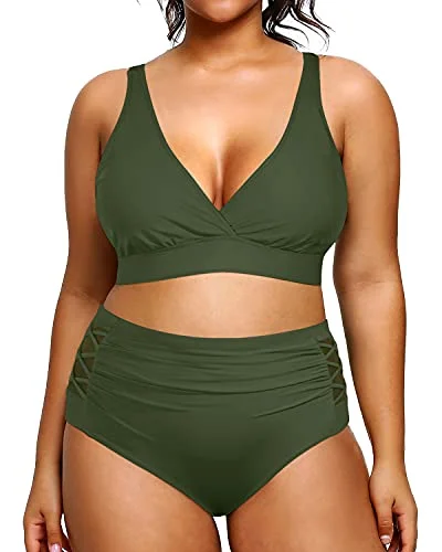 Maternity women swimwear for expecting mothers to enjoy the water comfortablyHigh Waisted Plus Size Bikini Swimsuits Two Piece Bathing Suits-Army Green