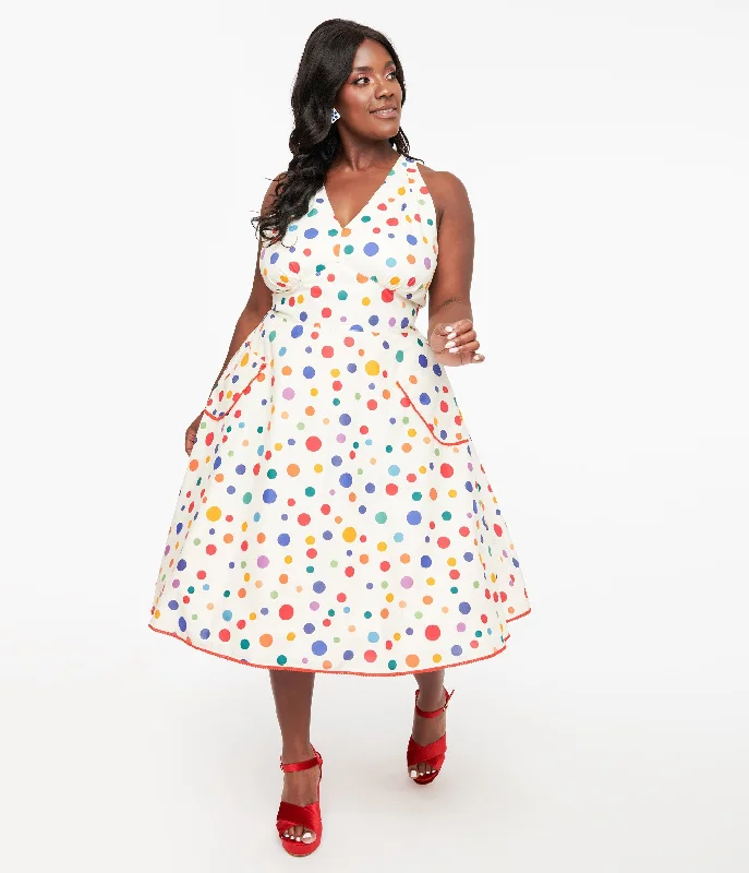 Ball Gown Women Dress with a Full Skirt for a Princess - like LookUnique Vintage Plus Size 1950s Rainbow Polka Dot Cotton Halter Swing Dress