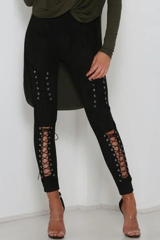 Lace - trimmed women leggings for an elegant and romantic touchSuede Lace Up Leggings