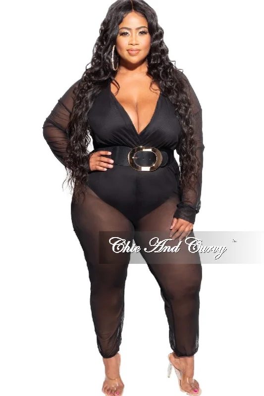 One - piece women swimwear with cut - outs for a stylish and modern appealFinal Sale Plus Size Sheer Mesh Deep V Jumpsuit in Black