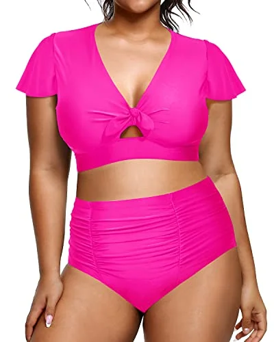 Long - sleeve women swimwear for extra sun protection and modestyPlus Size Womens Two Piece Swimsuits Tummy Control Short Sleeve Swimwear-Neon Pink