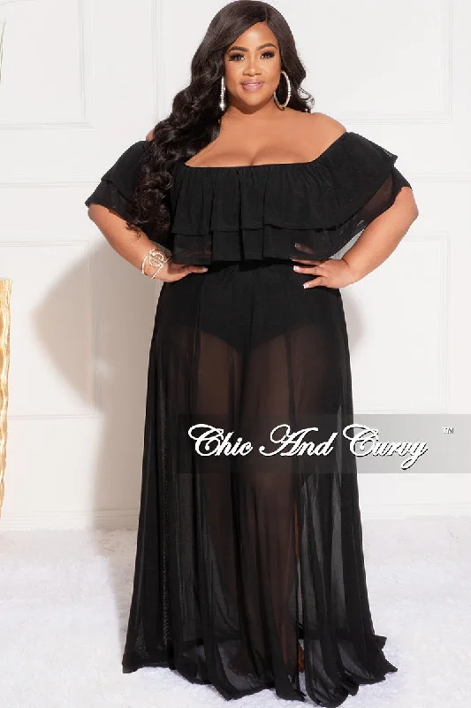 Lace - trimmed women swimwear for an elegant and romantic touchFinal Sale Plus Size Off the Shoulder Mesh Ruffle Bodysuit Dress with Double Slits in Black