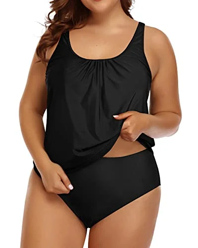 Bikini women swimwear with adjustable straps for a customized fitPlus Size Blouson Tankini Set Swimsuit For Women Tummy Control Bathing Suit-Black