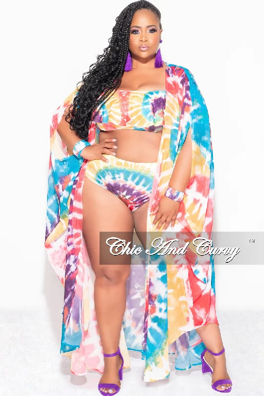 High - waisted women swimwear for a retro and flattering lookFinal Sale Plus Size Chiffon Duster With Wrist Cuff in Red /Purple Multi Tie Dye