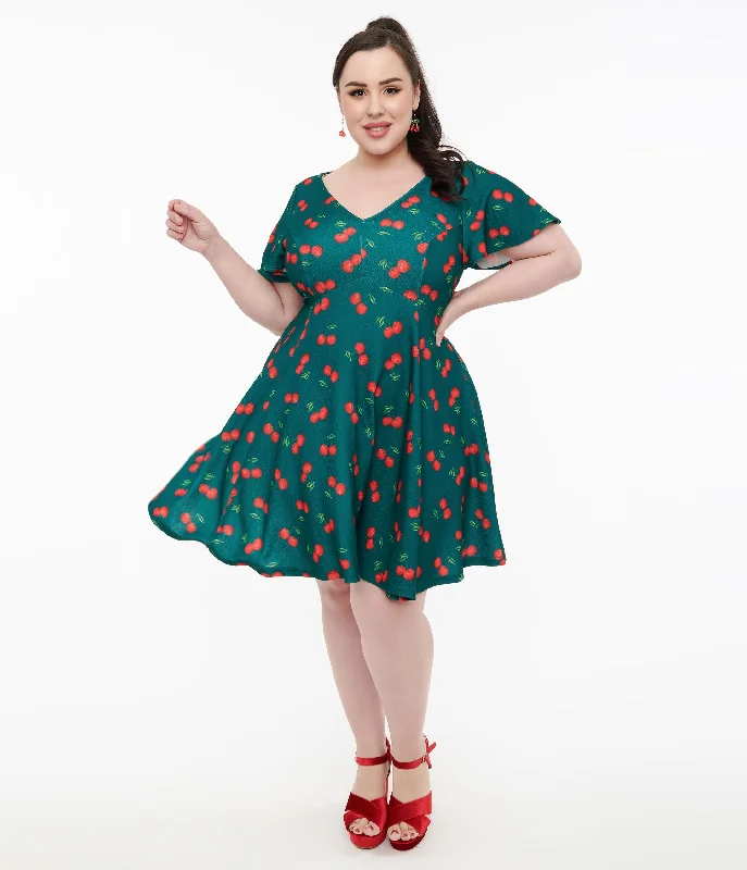 Long - Sleeve Women Dress in Velvet for a Luxurious Winter LookUnique Vintage Plus Size 1950s Emerald & Cherry Print Poppy Flare Dress