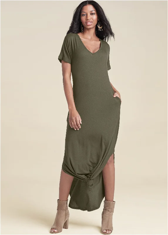 Strapless Women Dress with a Built - in Bra for Comfort and SupportCasual T-Shirt Maxi Dress - Olive