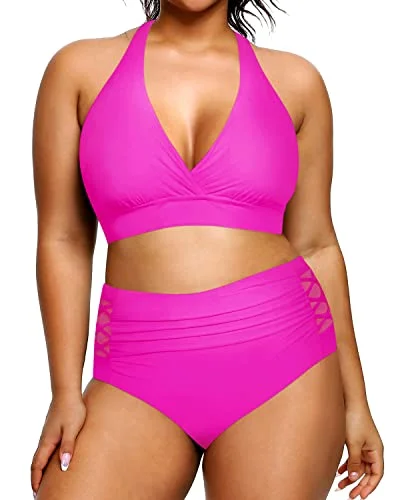 Sustainable women swimwear made from recycled materials for eco - conscious beachgoersPlus Size Two Piece Halter Bikini Swimsuit Tummy Control High Waisted-Neon Pink