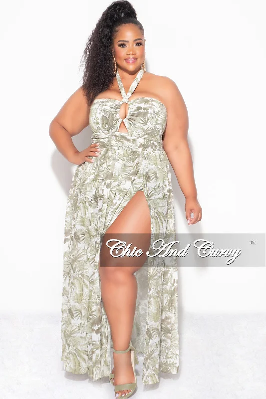 Bikini women swimwear with adjustable straps for a customized fitFinal Sale Plus Size Halter Chiffon Maxi Dress with Slits in Olive Palm Print