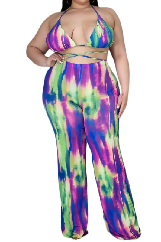 Long - sleeve women swimwear for extra sun protection and modesty*Final Sale Plus Size  3pc Poolside Playsuit (Top, High Waist Bottoms & Pants) Set in Neon Watercolors