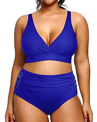 Lace - trimmed women swimwear for an elegant and romantic touchFlattering V Neck Plus Size Two Piece Bikini Swimsuits-Royal Blue