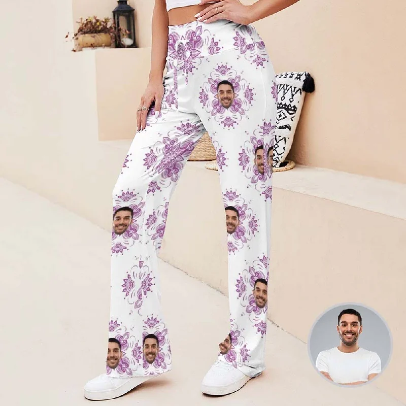 Bootcut women leggings for a unique and flattering silhouetteCustom Face Purple Flower Women's Straight-Leg Loose Comfy Drawstring Pants for Yoga Running Sporting