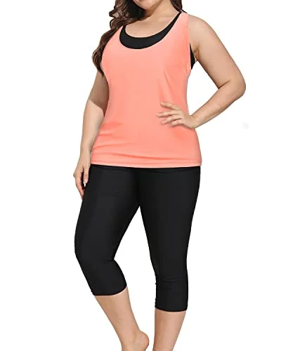 Bikini women swimwear with adjustable straps for a customized fitPlus Size Swimsuits For Women Tankini Tops Sports Bra & Swim Capris-Coral Pink