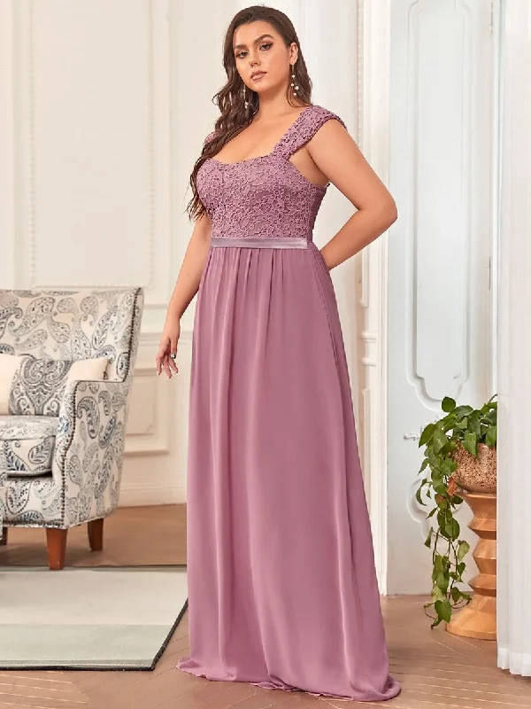 Off - the - Shoulder Women Dress for a Romantic and Feminine LookPlus Size Elegant A Line Long Chiffon Bridesmaid Dress With Lace Bodice