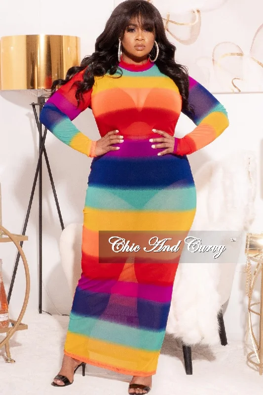 Rash - guard women swimwear for sun protection during water sports*Final Sale Plus Size Sheer Mesh Bodycon Dress in Rainbow Stripes