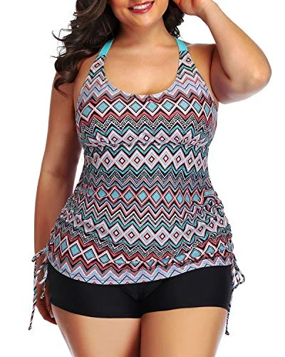 Plus - size women swimwear with full - coverage bottoms for comfort and confidenceAdjustable Shoulder Straps Tankini Swimsuit Shorts-Black Tribal