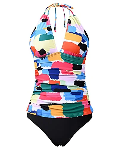 Ruched women swimwear with fabric gathers for a slimming effectPlus Size Tummy Control Tankini Two Piece Swimwear