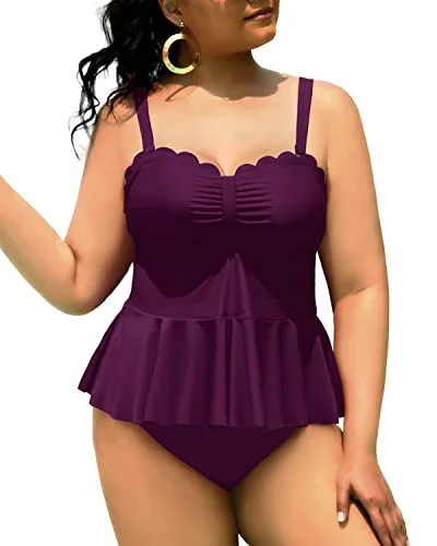 Lace - trimmed women swimwear for an elegant and romantic touchPeplum Tankini Top And High Waisted Swim Bottom Swimsuits For Curvy Women-Maroon