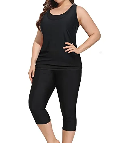 Maternity women swimwear for expecting mothers to enjoy the water comfortablyAthletic Plus Size Swimsuits For Women Tankini Tops & Swim Capris-Black